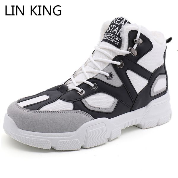 

lin king new men snow boots lace up winter ankle botas thick sole warm fur short boots anti skid cotton shoes sneakers big size, Black