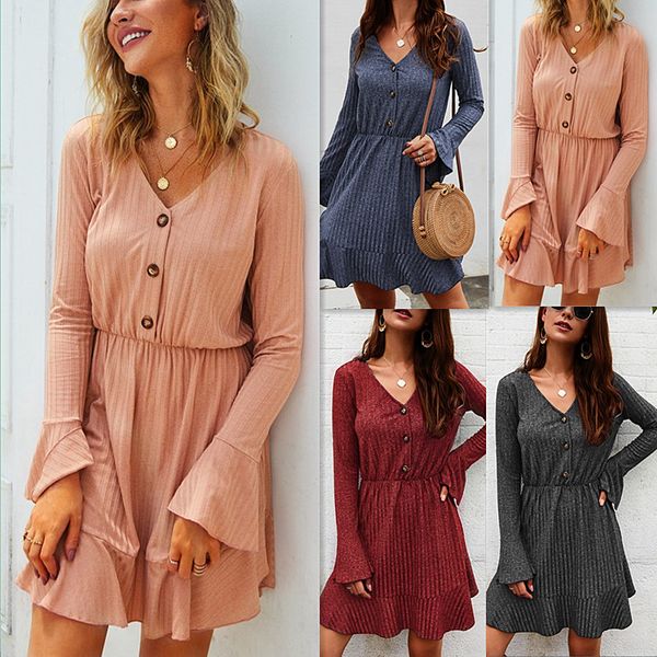 

spot 2020 european spring and summer v-neck trumpet sleeves casual street solid color pullover dress, support mixed batch, Black;gray