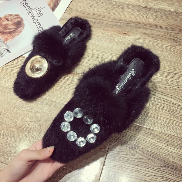 

flat fur winter home slippers women slip on warm outside mules women plush loafers metal crystal shoes platform casual, Black