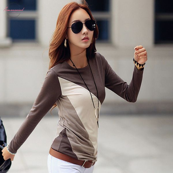

t shirt women female t shirt long sleeves slim fit round neck mixed color fashion casual women shirt mujer t shirts, White