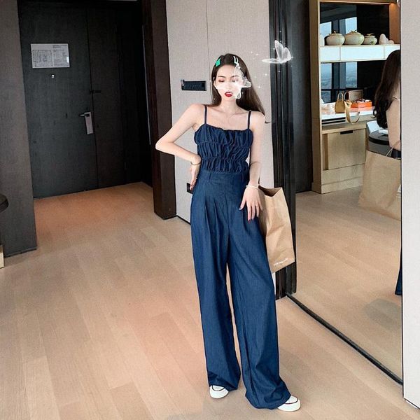 

summer fashion denim strapless jumpsuits for female stretched high waist long loose wide-legged pants strap jeans woman jumpsuit, Black;white