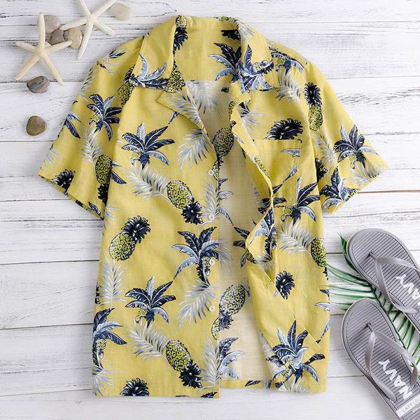 

hawaiian pinpeaple cotton shirts tropical mens shirts hc dress short sleeve lapel collar beach vacation camisa masculina, White;black