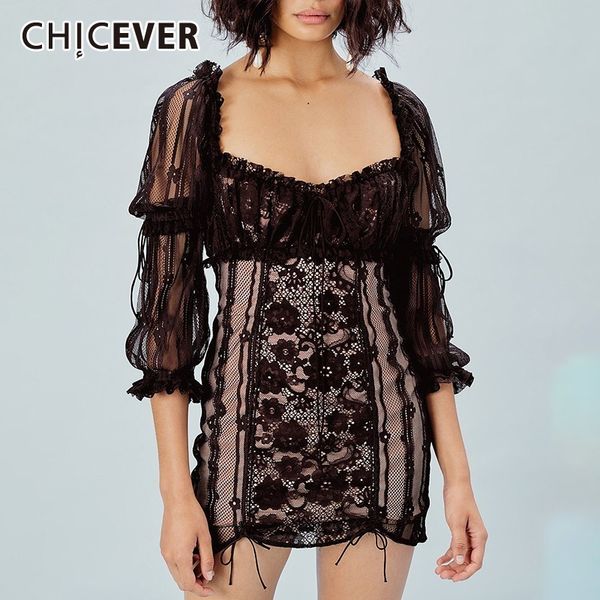 

chicever lace patchwork women dress square collar high waist puff sleeve hollow out bandages mini dresses female 2019 new, Black;gray