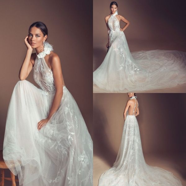 

elihav sasson 2019 beach wedding dresses high neck tulle boho bohemian lace feather wedding dress bridal gown robe de mariÃ©e, White