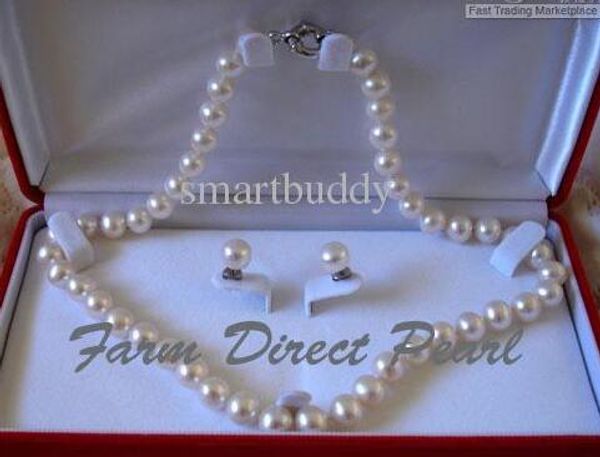 

fine pearl jewelry akoya 8-9mm white pearl necklace earrings 2pc set, Silver