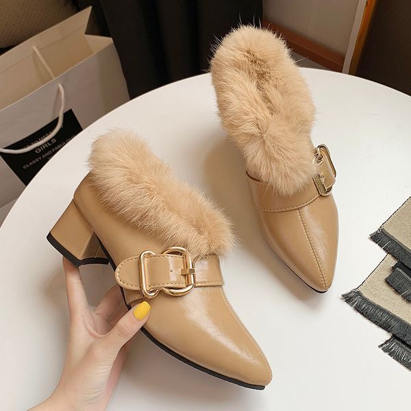 

winter shoes woman brand faux fur leather pumps 2019 female pointed toe thick high heels plush shoes furry chaussures femme 593, Black