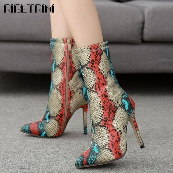 

ribetrini big size 35-42 new ins lady fashion snake prints ankle shoes woman thin high heels boots women party boots, Black