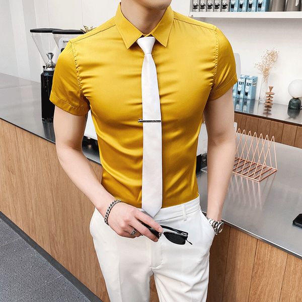 

camicia uomo summer 2020 enlarged men's silk golden yellow bright slim short sleeve man shirts camisetas masculina, White;black
