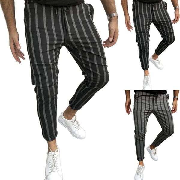 

2020 fashion trend men´s long pants loose trouser vertical striped print drawing straps elastic band stylish casual bottoms, Black