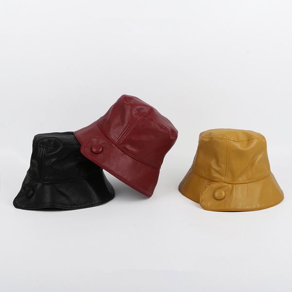 

2019 autumn and winter joker solid color pu bucket hat fisherman hat outdoor travel sun cap hats for men and women 107