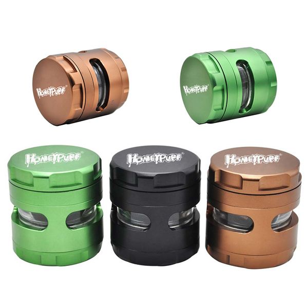 

Новый Honeypuff Grinder травы шлифовальные машины 61 мм 4 слоя табака самолет алюминиевый дым сигареты боковое окно специи дробилки сухой травы измельчители