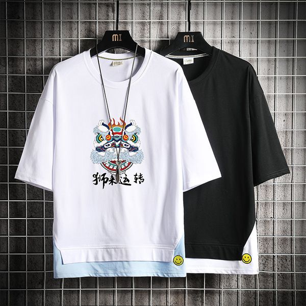 

2020 summer new fake two countries tide men loose short-sleeved cotton t-shirt short-sleeve fashion fifth sleeve shirt, White;black