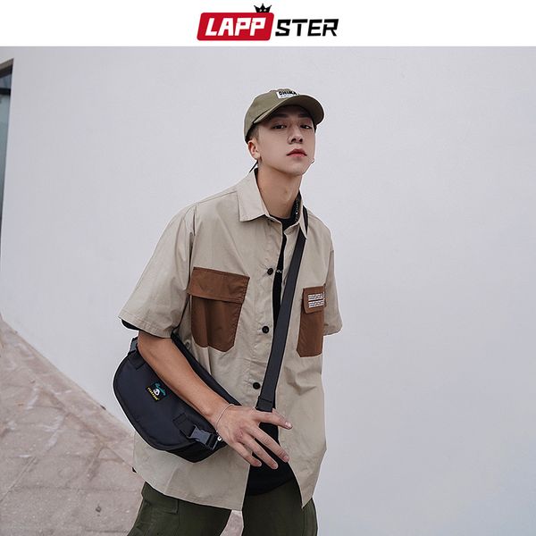 

men patchwork cargo shirt 2019 streetwear short sleeve summer casual button shirts fashion designer shirt high quality, White;black