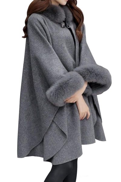 Modesto outono inverno gola de pele sintética capa xale mangas compridas mulheres poncho capa casaco cinza bege jaquetas de lã quente em stock244x