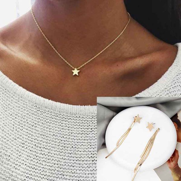 

fashion jewelry simple star metal jewelry sets gold color necklace earrings set for women dropshipping, Silver