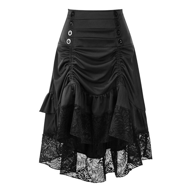 

2019 summer new female models polyester solid ladies autumn and winter retro stitching lace bag hip button skirt, Black