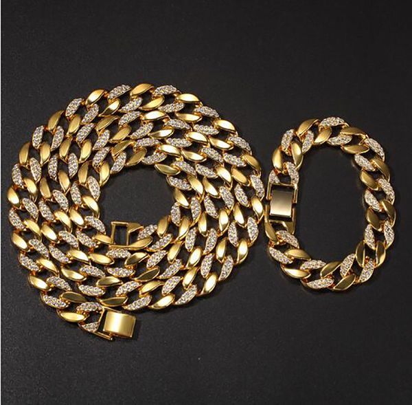 Mens Gold Iced Out 30inch кубинский цепи и 8inch браслет Хип-хоп ювелирных Whosales Модный рэпер Singer Мода 2pcs Set