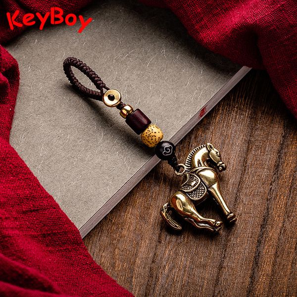 

bronze horse zodiac animal car key chain pendants vintage copper feng shui waist buckle braided rope keychains hangings jewelry, Silver