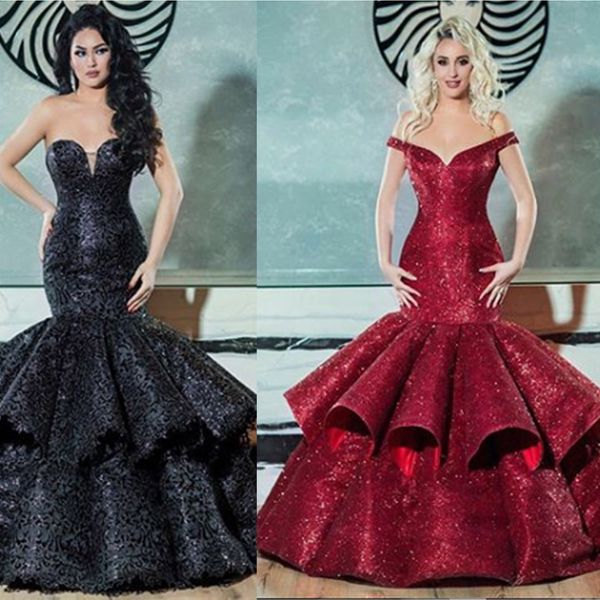 

off the shoulde prom dresses modest sequins reffles evening dress party pageant gowns special occasion dress dubai robes de soire, Black;red