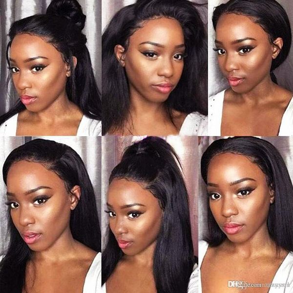 

brazilian front human hair wigs with baby hair full end straight front wigs 4*4 closure bleached knots non remy+wig net, Black
