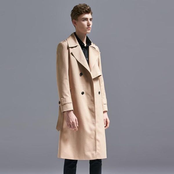

minglu man coat long plus size 6xl solid color double breasted british men overcoat with belt fashion new jackets men trench man, Black