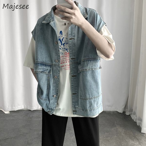 

men jackets denim sleeveless pockets 3xl loose chic teens solid daily outwear mens harajukyu high street korean style ulzzang, Black;brown