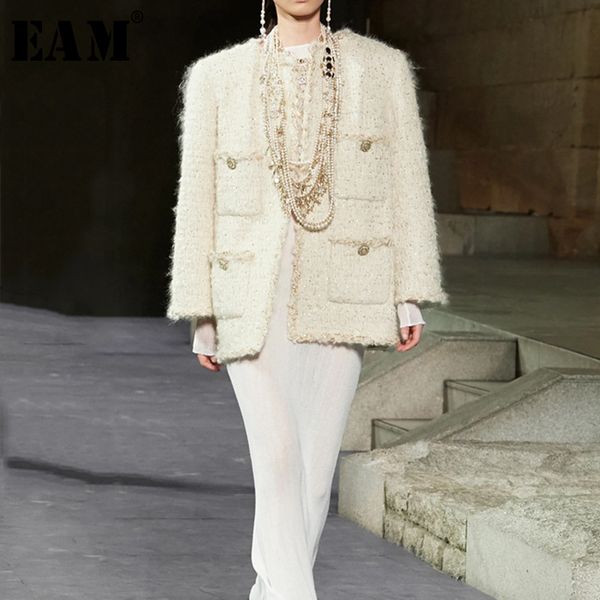 

eam] wool loose fit lurex button pocket jacket new round long sleeve women coat fashion tide autumn winter 2019 1a089, Black;brown