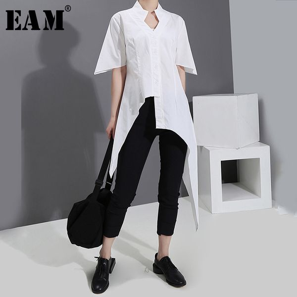 

women's blouses & shirts [eam] women white asymmetrical split joint blouse v-collar short sleeve loose fit shirt fashion spring summer