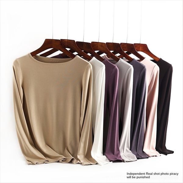 

qiu lan 60 s refined modal base shirt elastic large size breathable female long sleeve one-line collar long sleeve female t-shirt, White