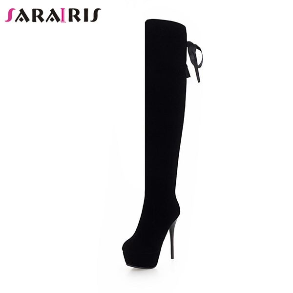 

sarairis new large size 32-43 solid 13.5cm high heels zip black platform shoes for women autumn 2018 casual over the knee boots