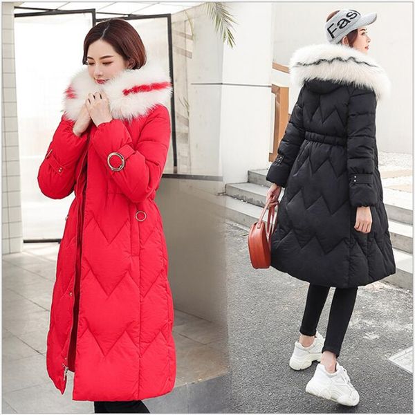 

2019 women winter jacket down cotton hooded coat plus size women parkas long fashion female coats fur collar r405, Black