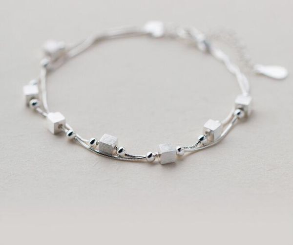 

real. 925 sterling silver 2-rows /multi-layers square cube &ball round geometric chain bracelet lady jewelry gift gtls361, Golden;silver