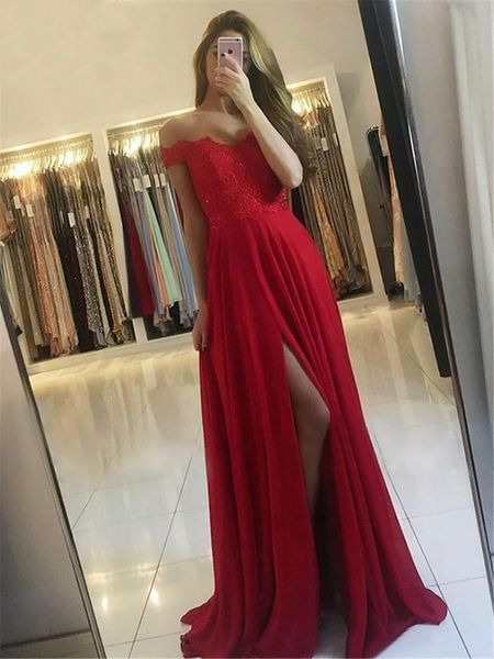 

lace red bridesmaid dresses long side split off shoulder lace up back chiffon a-line wedding guest gowns maid of honor dress, White;pink