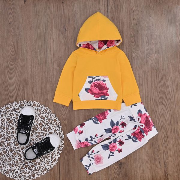 

hooded baby girls clothes sets winter autumn fashion floral print pullover pocket pants clothes costume infant clothing, White