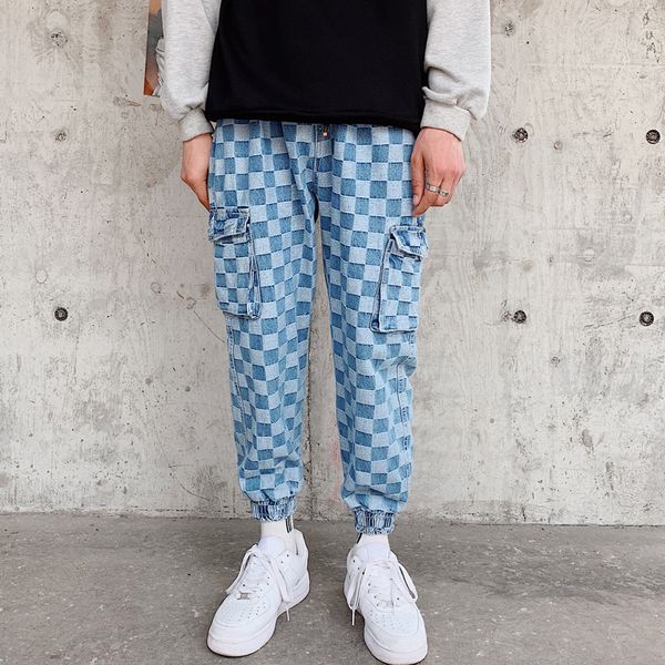 

2019 autumn new japanese men's lattice tooling wash wild nine points tide beam feet loose casual student jeans, Blue