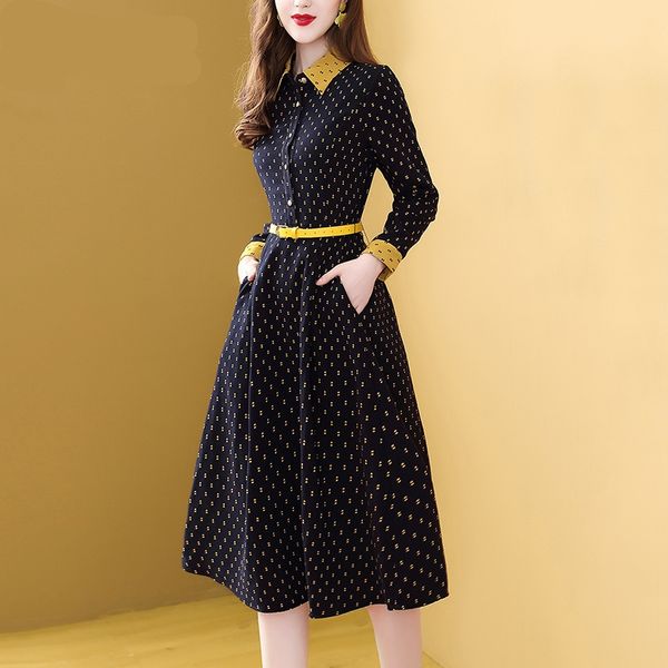 

france retro runway designer dress women's long sleeve print shirt dress turn down collar office work dress femme, Black;gray