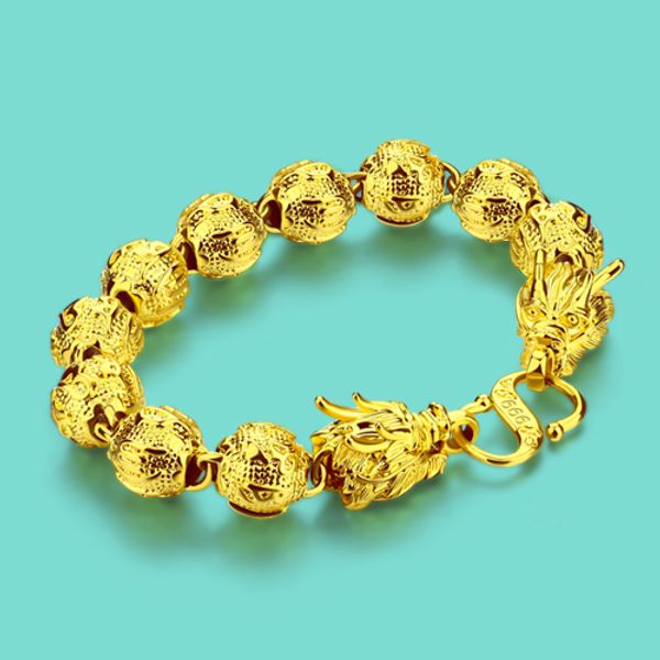 

new chinese style gold jewelry men 24k gold bracelet dragon design gold chain 11.5mm19cm size popular men bracelet ing, Golden;silver