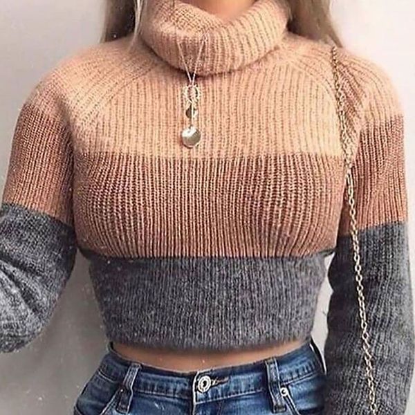 

autumn winter panelled knitted short sweaters women 2019 new oversize pullover turtleneck minimalist loose warm, White;black