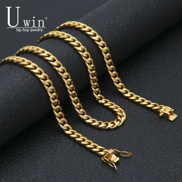 

uwin 8mm miami cuban curb link chain stainless steel gold silver men's hip hop link necklace 10mm 12mm 14mm