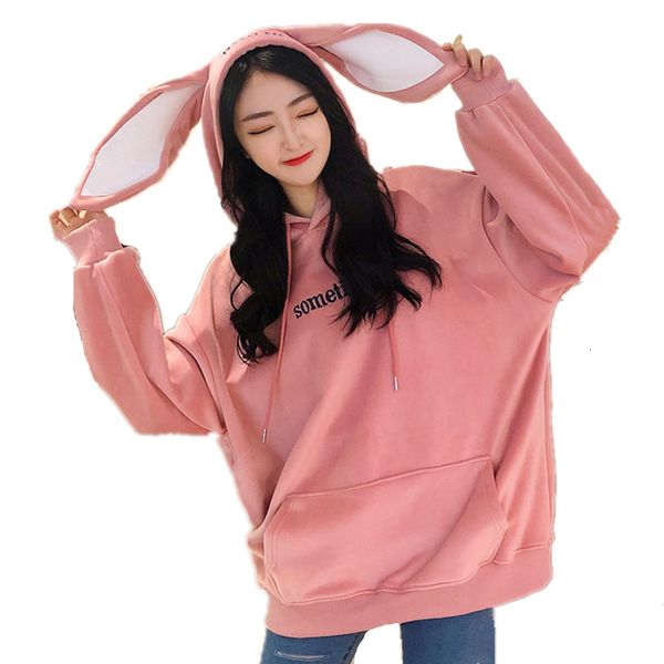 

pink smooth velour hoodies 2019 autumn embroidery letter ears hooded sweatshirts women cute thicken pullover pocket top, Black