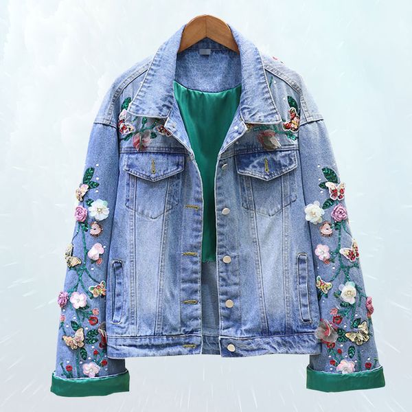 

new heavy work beaded embroidered denim jacket 2019 spring autumn jacket women loose slim casual beaded jeans outwear sl160, Black;brown