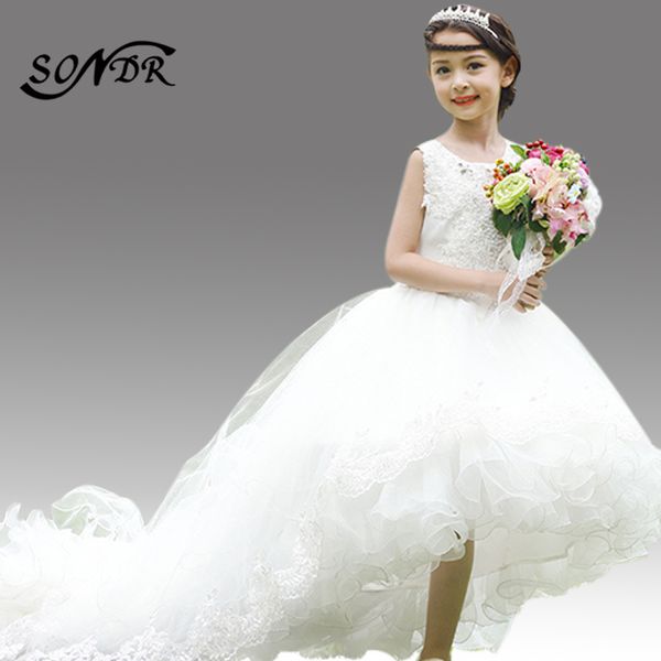 

train flower girl dress ht100 high low length princess ball gowns embroidery beading kid party gown sleeveless communion dresses, Red;yellow