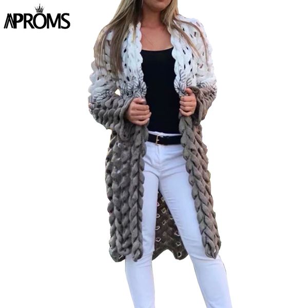 

aproms white gray patchwork knitted cardigan women elegant hollow out long sleeve christmas sweater winter fashion outwear coat
