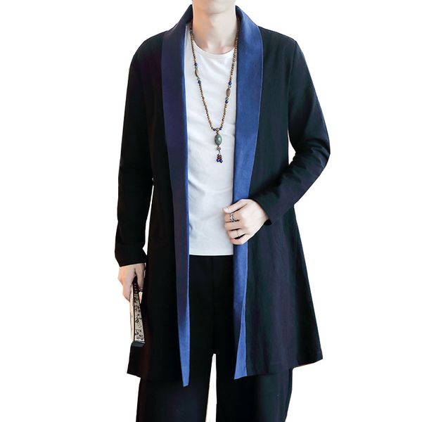 

chinese style autumn new cardigan men's lapel solid color chinese characters plis size 5xl long trench coat, Tan;black