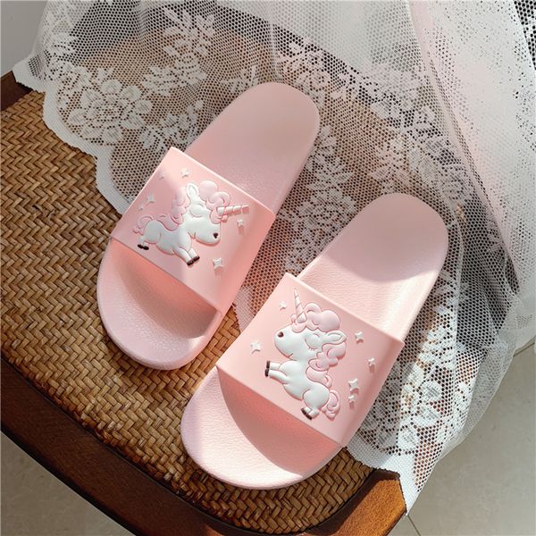 

cute unicorn women 2020 summer cartoon ladies slides indoor flat house shoes pink flip flops soft girl home slippers y200424, Black
