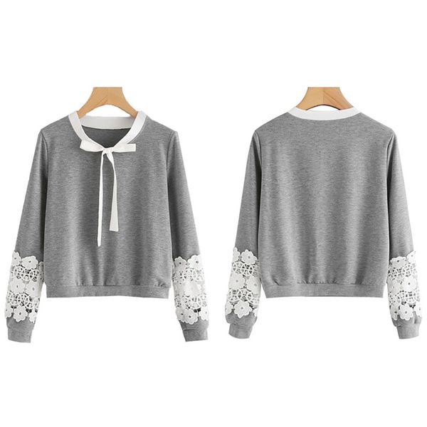 

new women fashon women special crochet bow tie neck sweatshirt grey round neck fit pullovers ladies casual sweatshirt top, Black