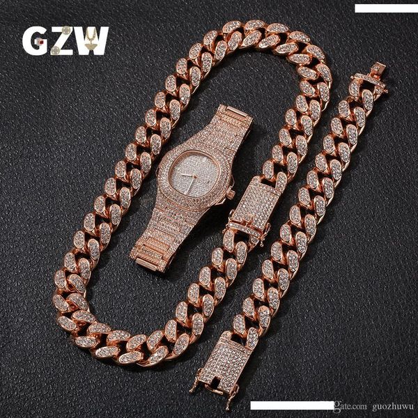 

new fashion luxury designer 20mm gold blingbling mens cuban link chain necklace bracelet watch set hip hop rapper jewelry gifts for men, Silver