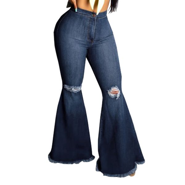 

vogue nice fashion denim flare pants women retro ripped jeans wide leg trousers lady casual bell-bottoms flare pant female, Blue