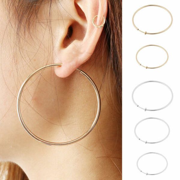 

1 pair fake earrings hoop rings ear clips punk non-pierced clip-on goth spring, Silver