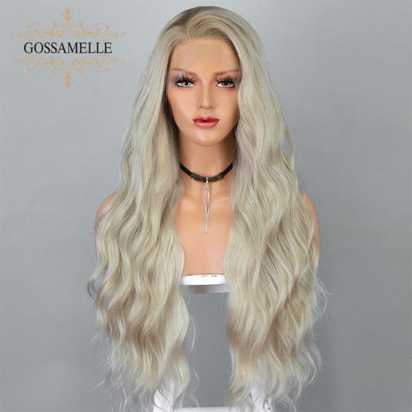 

gossamelle ombre blonde wig lace front wig platinum blonde long wave synthetic wigs for women cosplay wigs with dark roots, Black